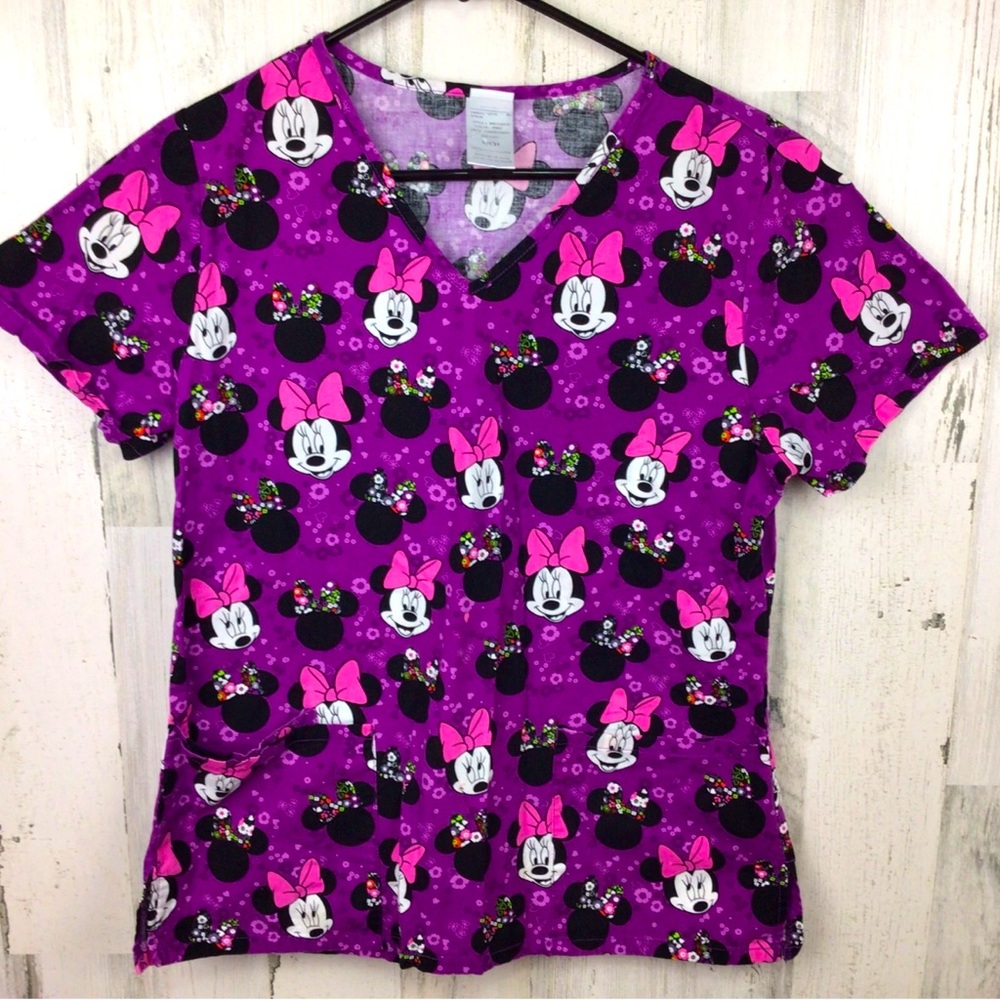 Disney Minnie Mouse Scrub Top Nurse Uniform Purple Floral Women's 2X